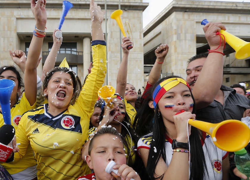 Colombia fans celebrate after the 2014 World Cup round of 16 game between Colombia and Uruguay, during a screening at Bolivar Square in Bogota June 29, 2014.u00c2u00a0u00e2u20acu201d Reuters pic
