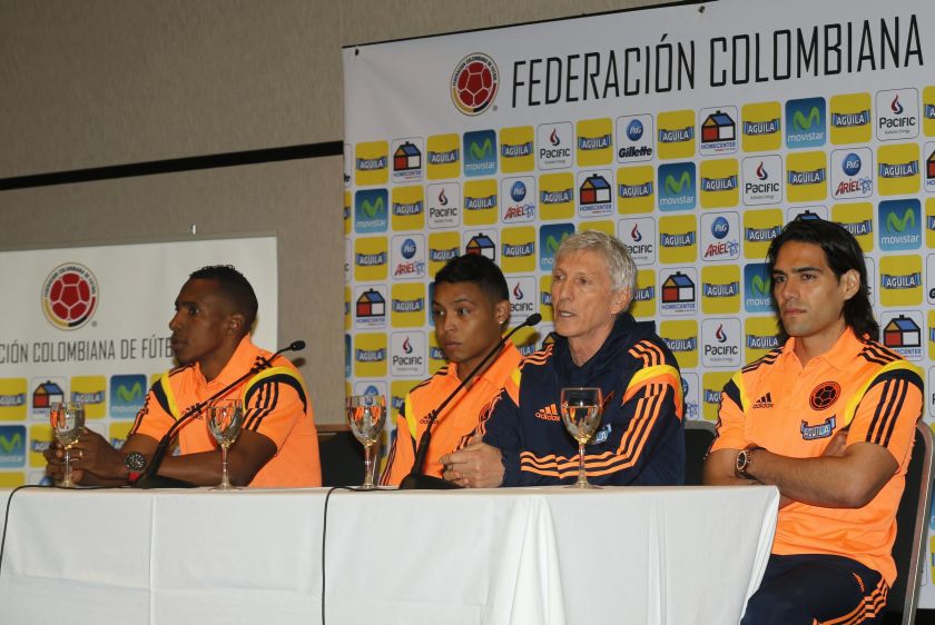 Colombia's national soccer team coach Jose Pekerman (2nd R), next to players Luis Amaranto Perea (L), Luis Muriel and Radamel Falcao (R), announces the 23-man squad for the World Cup finals, in Buenos Aires June 2, 2014. u00e2u20acu2022 Reuters pic