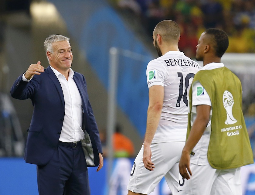 France's coach Didier Deschamps smiles at player Karim Benzema after their 2014 World Cup Group E match against Ecuador ended with a draw at the Maracana stadium in Rio de Janeiro June 26, 2014.u00c2u00a0u00e2u20acu201d Reuters pic