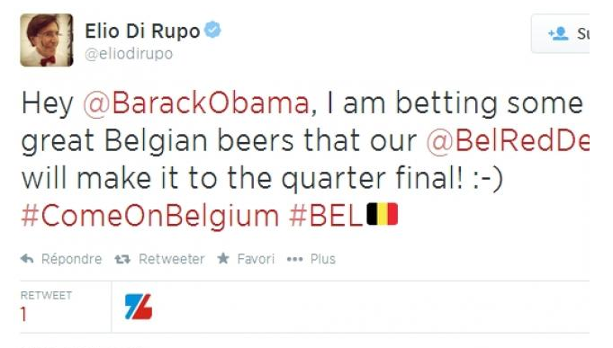 A screenshot of Belgian Prime Minister Elio Di Rupo's tweet, challenging US President Barack Obama to make a bet over the match between Belgium and the United States. — Screenshot from Twitter