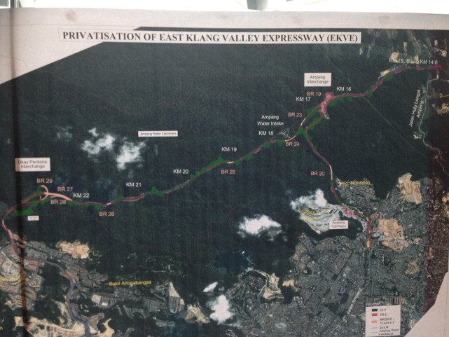 A picture taken of the map showing the portion of the EKVE highway which will cut through four forest reserves. u00e2u20acu201d Picture by Melissa Chi