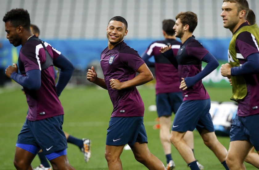 England's national team player Alex Oxlade-Chamberlain smiles as he and teammates attend their final practice one day before the match against Uruguay, in Sao Paulo June 19, 2014.u00e2u20acu201d Reuters pic