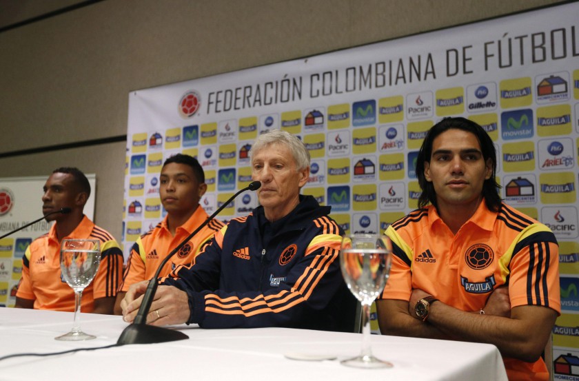 Colombiau00e2u20acu2122s coach Jose Pekerman (second right), next to players Luis Amaranto Perea (left) Luis Muriel and Radamel Falcao (right), announces the 23-man squad for the World Cup finals, in Buenos Aires June 2, 2014. u00e2u20acu201d Reuters pic