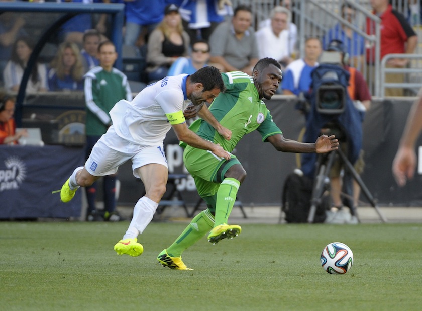 Greece midfielder Giorgos Karagounis (10) and Nigeria midfielder Peter Odemwingie (8) battle for the ball during a friendly at PPL Park.u00c2u00a0u00e2u20acu201du00c2u00a0Reuters pic