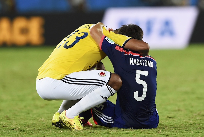Colombiau00e2u20acu2122s Fredy Guarin greets Japanu00e2u20acu2122s Yuto Nagatomo (right) after Colombia won during their 2014 World Cup Group C match at the Pantanal arena in Cuiaba June 24, 2014. u00e2u20acu201d Reuters pic