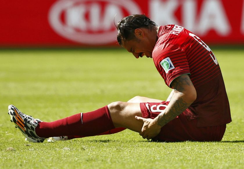 Portugal's Hugo Almeida grimaces after being injured during their 2014 World Cup Group G match against Germany at the Fonte Nova arena in Salvador June 16, 2014. u00e2u20acu2022 Reuters pic