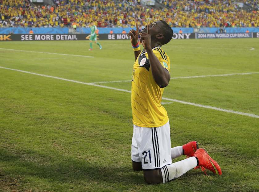 Colombiau00e2u20acu2122s Jackson Martinez celebrates after scoring a goal during the 2014 World Cup Group C match between Japan and Colombia at the Pantanal arenain Cuiaba June 24, 2014. u00e2u20acu201d Reuters pic