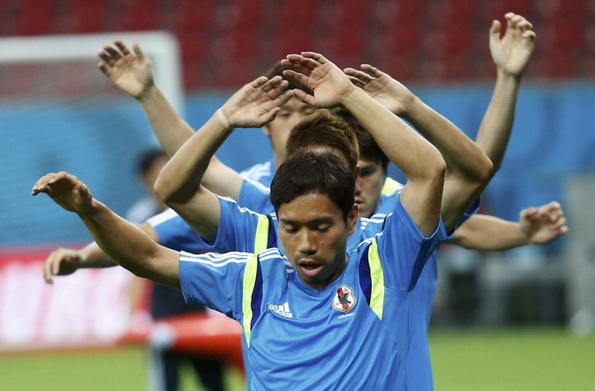 Japanu00e2u20acu2122s national football team player Yuto Nagatamo and his teammates take part in a training session at the Pernambuco Arena stadium in Recife June 13, 2014. u00e2u20acu201d Reuters pic