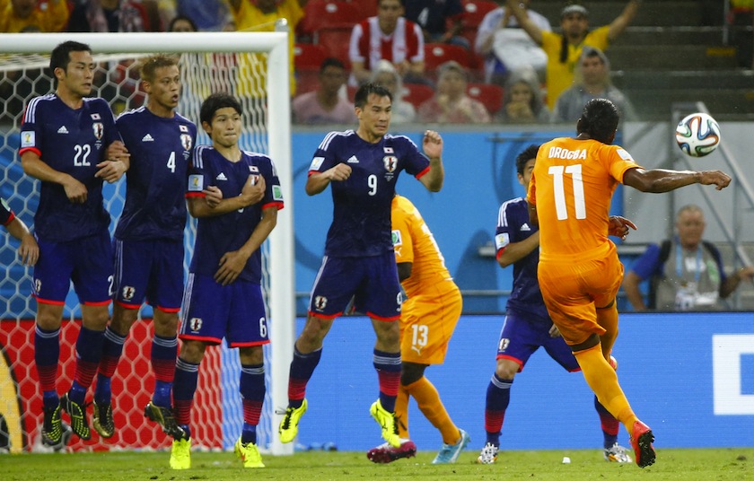 Ivory Coast's Didier Drogba shoots a freekick during their 2014 World Cup Group C  match against Japan at the Pernambuco arena in  Recife, June 15, 2014.u00c2u00a0u00e2u20acu201d Reuters pic