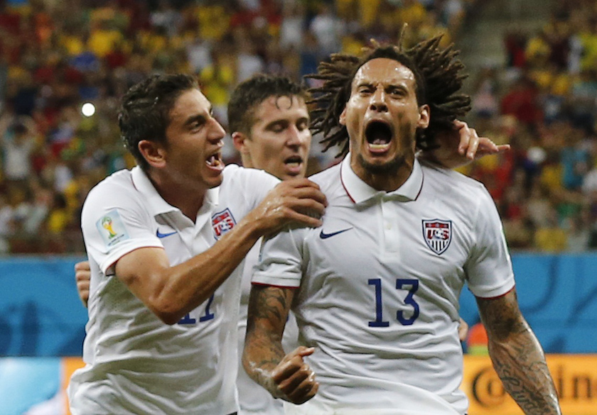 Jermaine Jones of the US celebrates with Alejandro Bedoya (11) after scoring a goal during the 2014 World Cup G match between Portugal and the US at the Amazonia arena in Manaus June 22, 2014. u00e2u20acu201d Reuters pic