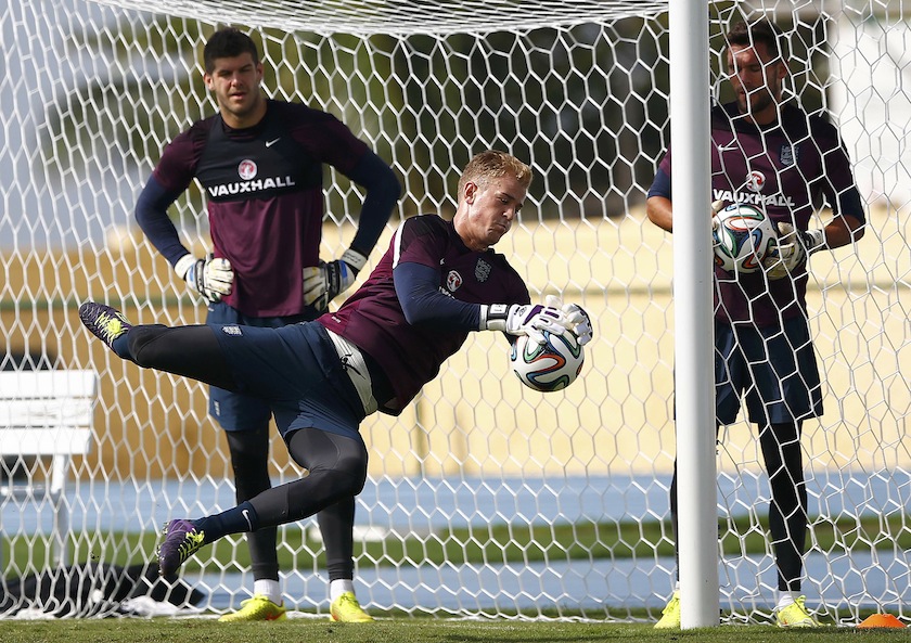 England's Joe Hart makes a save as he is watched by Ben Foster (right) and Fraser Forster (left) during a training session prior to the 2014 World Cup, in Rio de Janeiro June 11, 2014.u00c2u00a0u00e2u20acu201d Reuters pic