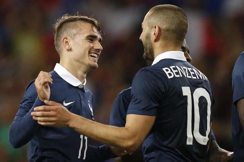 France's Antoine Griezmann (left) celebrates with team mate Karim Benzema his goal against Jamaica during their friendly match at Pierre Mauroy  Stadium in Villeneuve d'Ascq June 8, 2014.u00c2u00a0u00e2u20acu201du00c2u00a0Reuters pic