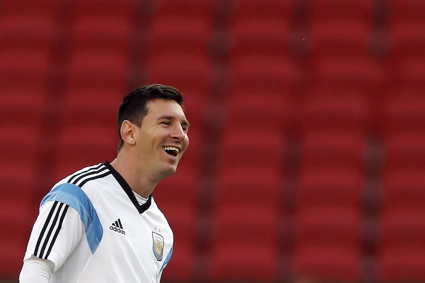 Argentinau00e2u20acu2122s national player Lionel Messi smiles during a training session at the Beira-Rio stadium in Porto Alegre June 24, 2014. u00e2u20acu201d Reuters pic