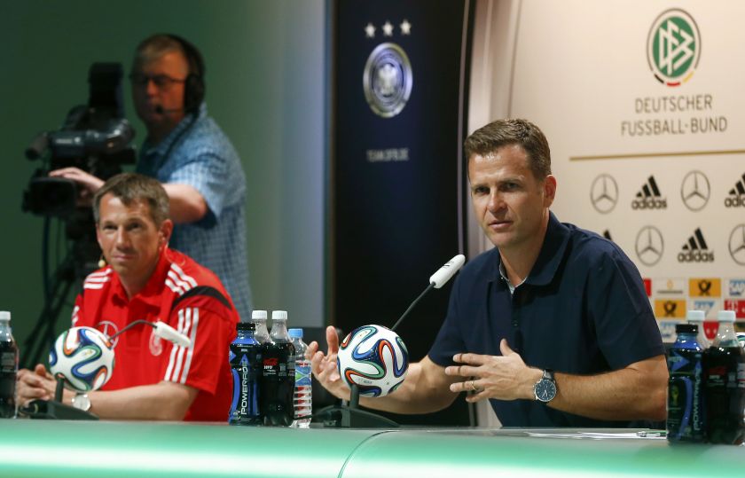 Germany's national football team manager Oliver Bierhoff and match analyst Christopher Clemens (left) address a news conference in the village Santo Andre north of Porto Seguro June 11, 2014. u00e2u20acu2022 Reuters pic