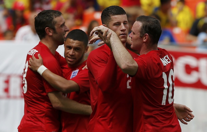 England's Rickie Lambert celebrates his goal against Ecuador with Wayne Rooney, Ross Barkley, and Alex Oxlade-Chamberlain (left) in an international friendly match in Miami June 4, 2014. u00e2u20acu201du00c2u00a0Reuters pic