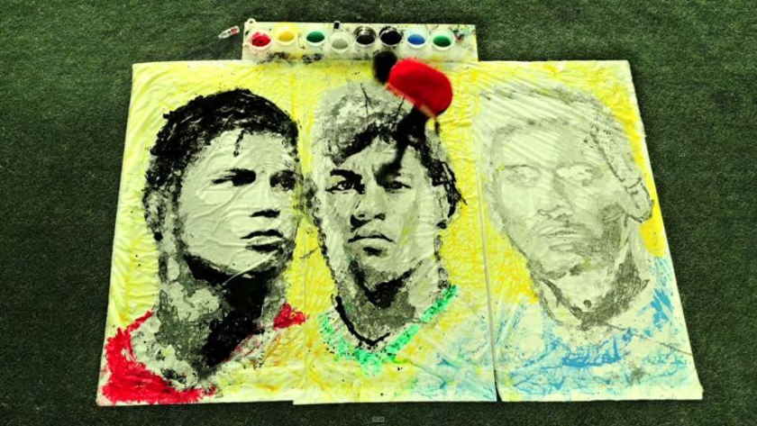 A screenshot of the 'World Cup 2014 Art: Ronaldo, Neymar and Messi portraits by Red Hongyi' showing the Malaysian artist at work. 