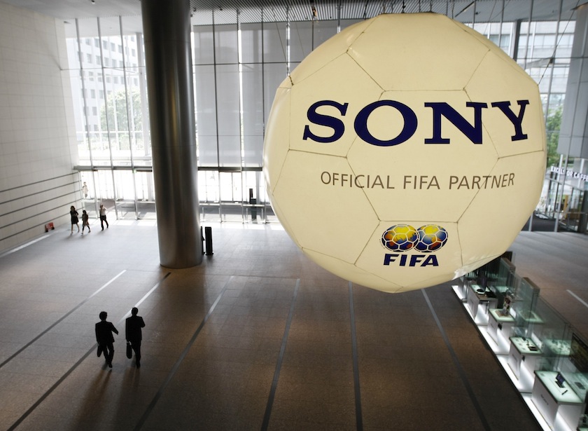 A large football-shaped installation promoting Sony Corp's partnership with FIFA is hung at Sony Corp's headquarters in Tokyo in this June 19, 2009 file photo. u00e2u20acu201du00c2u00a0Reuters pic