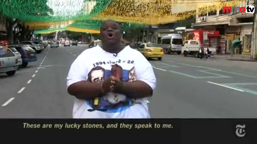 A screenshot from the New York Times' video on superstitious Brazilian fans who practise different methods that they believe will help their national team win in the World Cup.