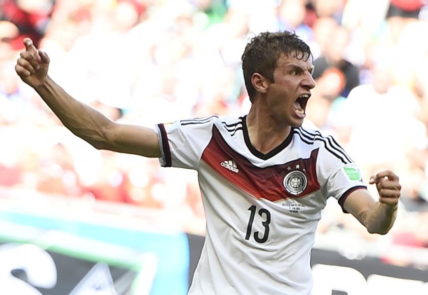 Germany's Thomas Mueller celebrates scoring his team's third goal, his second goal for the match, against Portugal during their 2014 World Cup Group G football match at the Fonte Nova arena in Salvador, June 16, 2014. u00e2u20acu201d Reuters pic