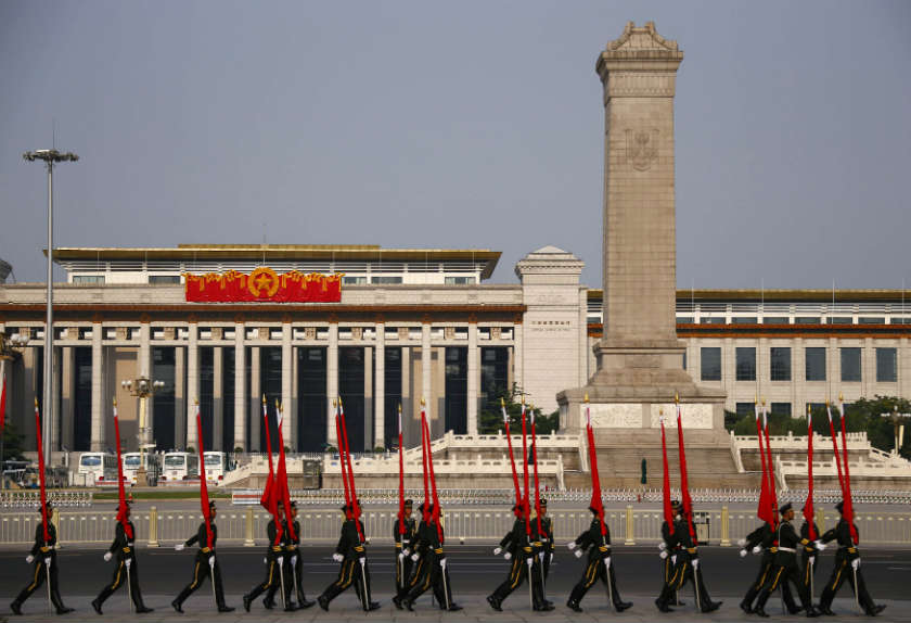 Soldiers from the honour guards of the Chinese People's Liberation Army (PLA) march in front of the Monument to the People's Heroes at Tiananmen Square, in Beijing, June 3, 2014. u00e2u20acu201d Reuters pic