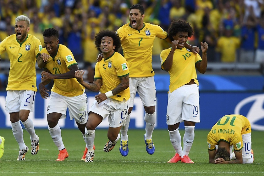 Brazil's national players celebrate their penalty shootout win against Chile in their 2014 World Cup round of 16 game at the Mineirao stadium in Belo Horizonte June 29, 2014.u00c2u00a0u00e2u20acu201d Reuters pic