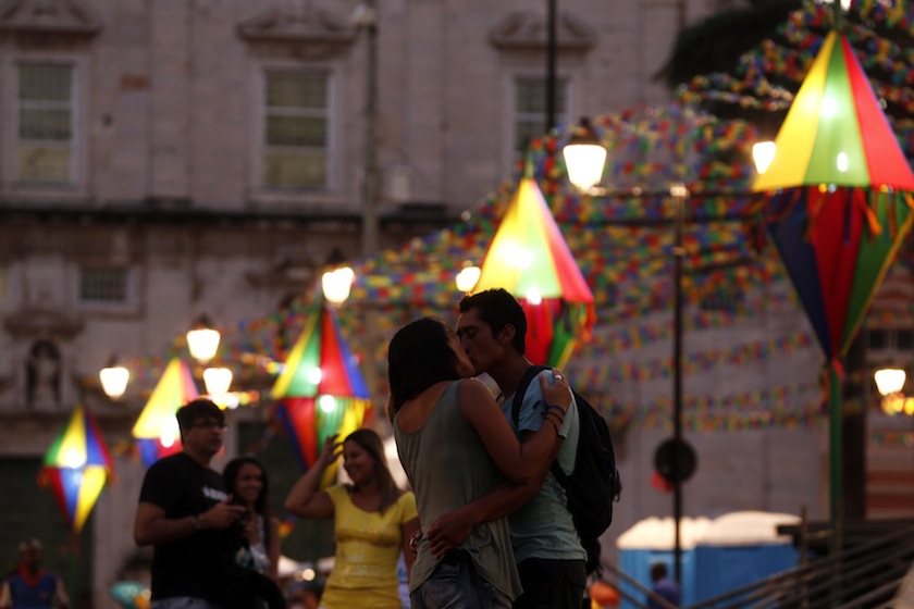 A couple kiss at a public square where the fan zone for matches will be at Pelourinho neigborhood ahead of the 2014 World Cup in Salvador June 11, 2014.u00c2u00a0u00e2u20acu201du00c2u00a0Reuters pic