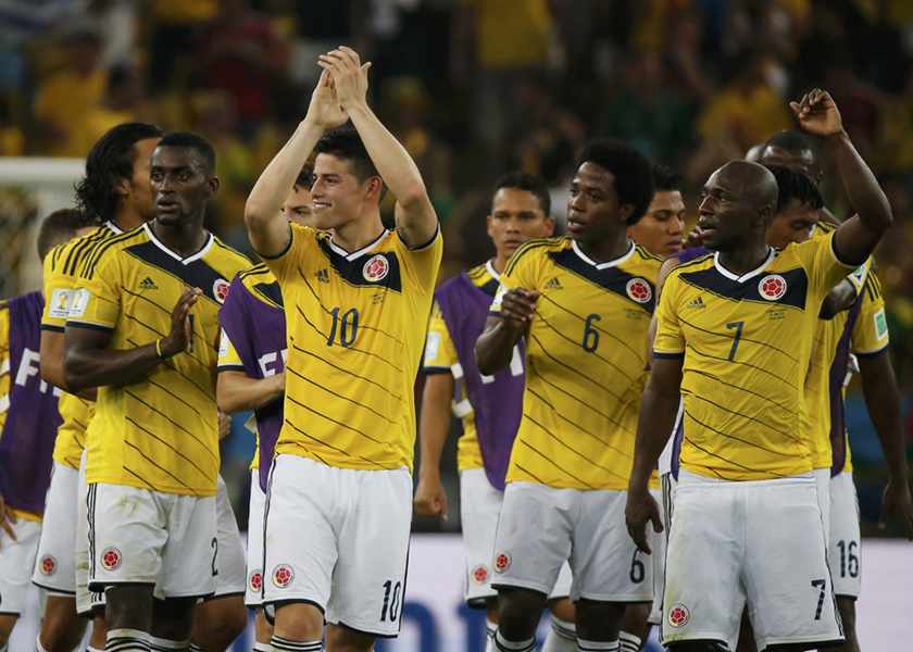 Colombia's James Rodriguez and teammates celebrate at the end of the 2014 World Cup round of 16 game between Colombia and Uruguay at the Maracana stadium in Rio de Janeiro, July 3, 2014. u00e2u20acu201d Reuters pic