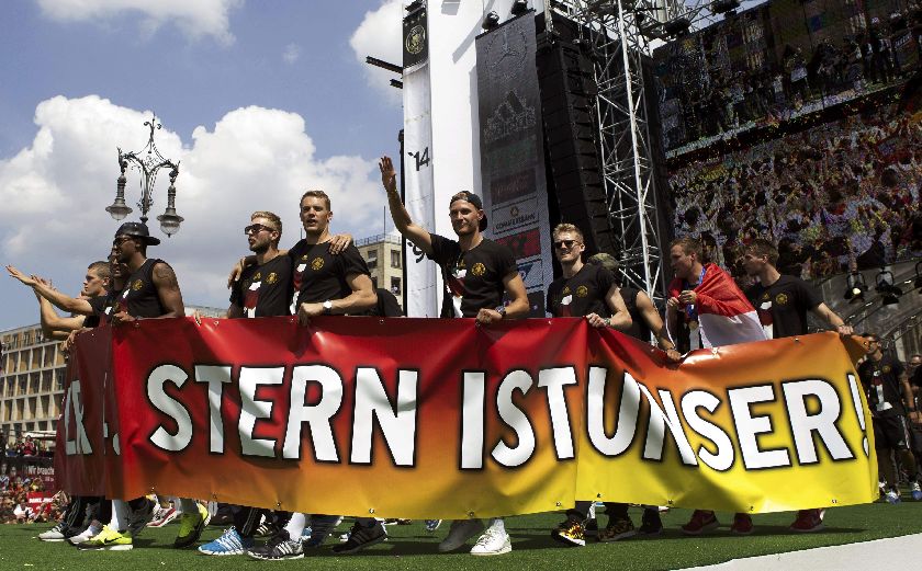 The squad appear on stage at the ‘fan mile’.