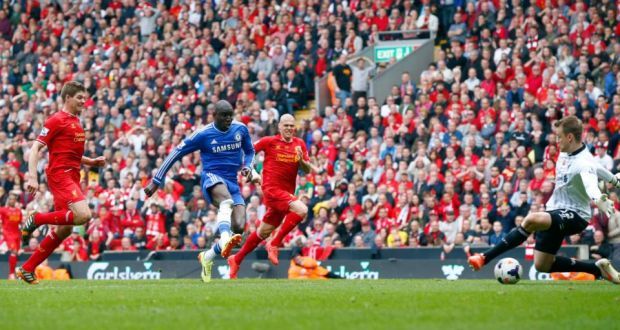 Liverpoolu00e2u20acu2122s Steven Gerrard: Recovering from his slip (left), unable to chase down Chelseau00e2u20acu2122s Demba Ba, who goes on to open scoring during their Premier League match at Anfield April 26, 2014 Reuters