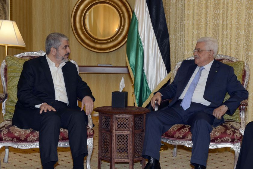 File picture shows Hamas leader Khaled Meshaal (left) meeting with Palestinian President Mahmoud Abbas in Doha July 21, 2014. u00e2u20acu201d Reuters pic