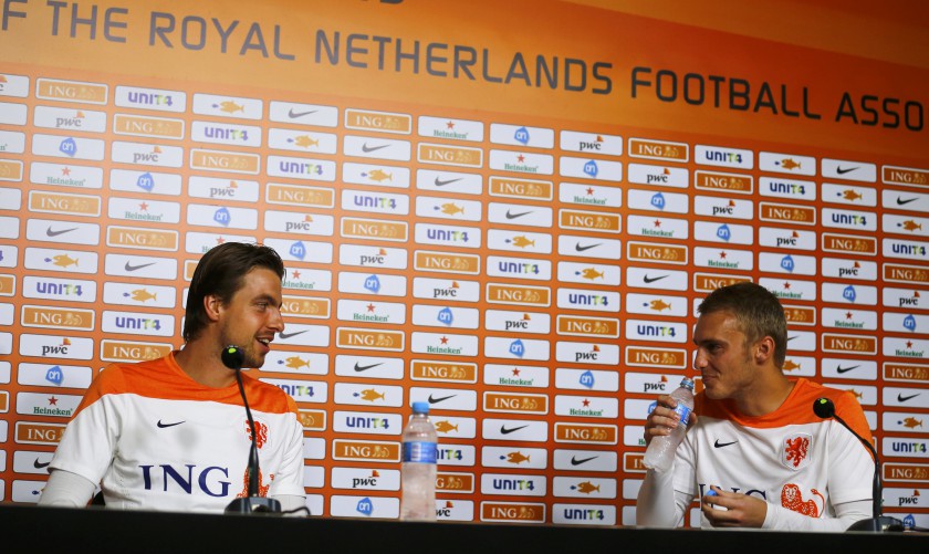 Netherlandsu00e2u20acu2122 national team goalkeepers Tim Krul (left) and Jasper Cillessen talk to each other before their press conference in Rio de Janeiro, July 6, 2014. u00e2u20acu201d Reuters pic