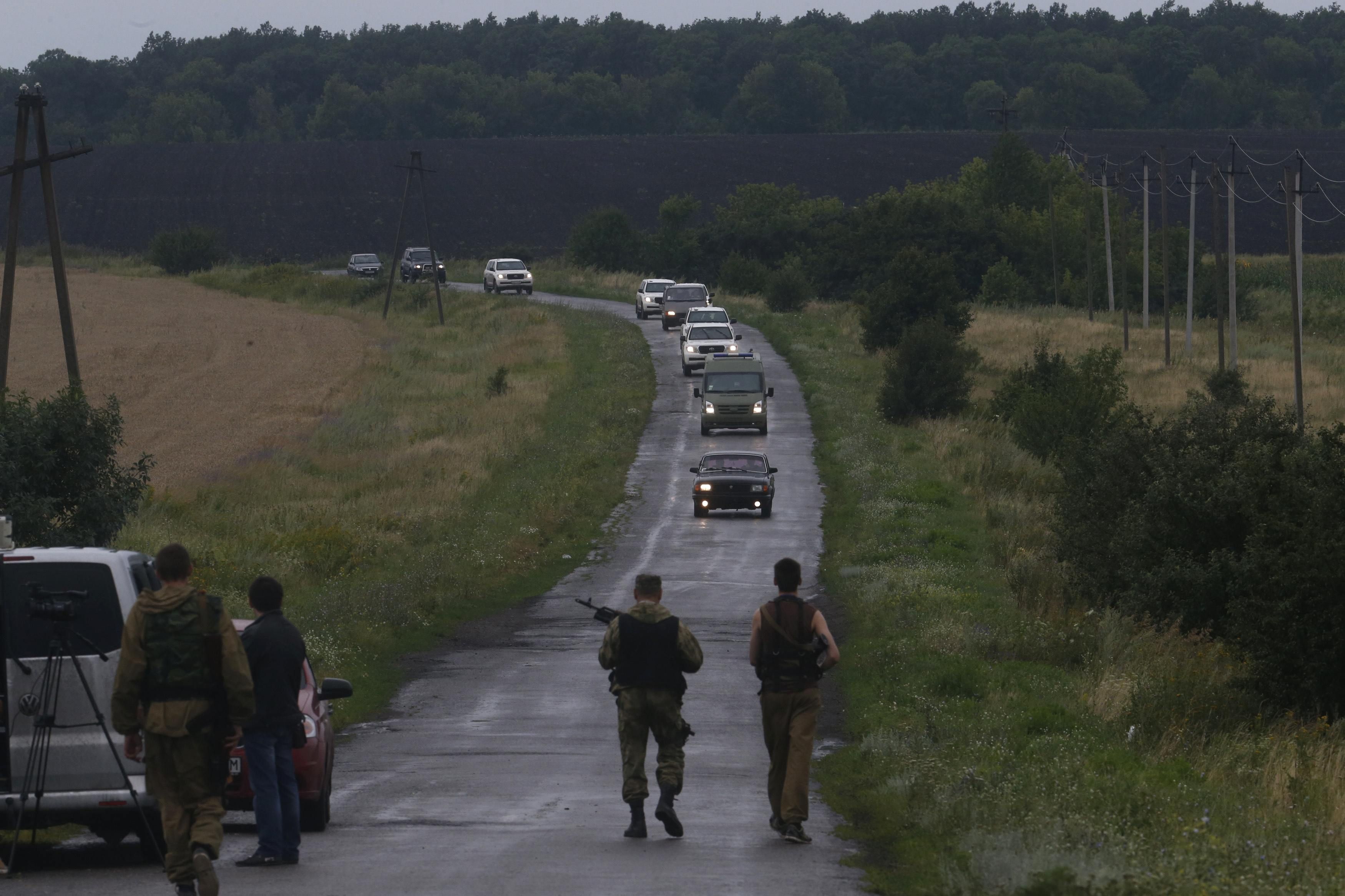 Pro-Russian separatists watch as Organisation for Security and Cooperation in Europe (OSCE) monitors arrive at the crash site of Malaysia Airlines flight MH17, near the settlement of Grabovo in the Donetsk region, July 19, 2014. u00e2u20acu201d Reuters pic