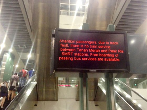 Signs put up at MRT stations on Jan 22, 2014 informing commuters of the train service disruption between Tanah Merah and Pasir Ris stations. u00e2u20acu201d Today file photo