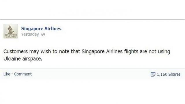 A screengrab of Singapore Airlinesu00e2u20acu2122 Facebook posting that the airline does not fly over Ukraine airspace, which has come under fire by many users who felt that it was in bad taste. u00e2u20acu2022 Screengrab: Facebook / Singapore Airlines 