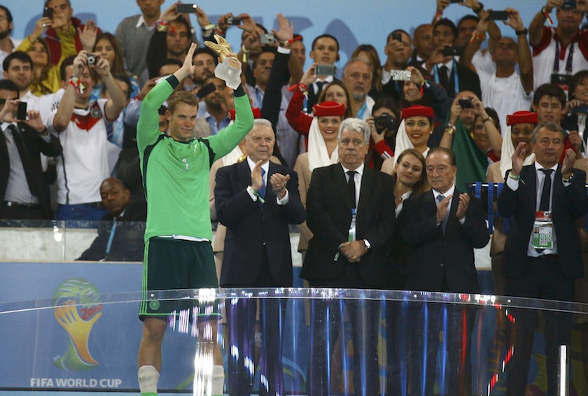 Germany's goalkeeper Manuel Neuer holds the Golden Glove trophy after winning their 2014 World Cup final against Argentina at the Maracana stadium in Rio de Janeiro July 14, 2014.u00e2u20acu201d Reuters pic