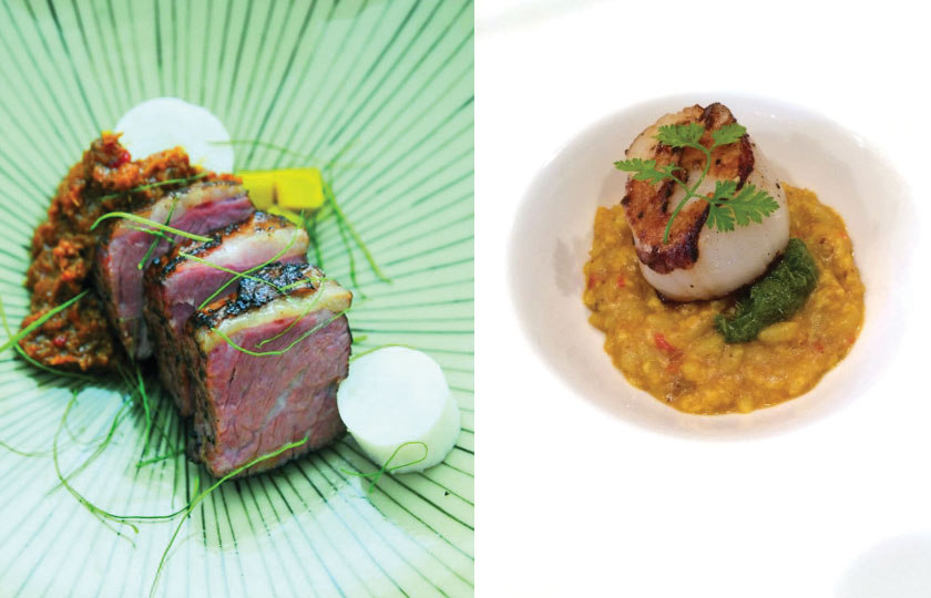 Chef Willin Low deconstructs the beef rendang to fit comfortably in his eight-course omakase menu (left). The new laksa risotto is only available on the chef's tasting menu. (right)