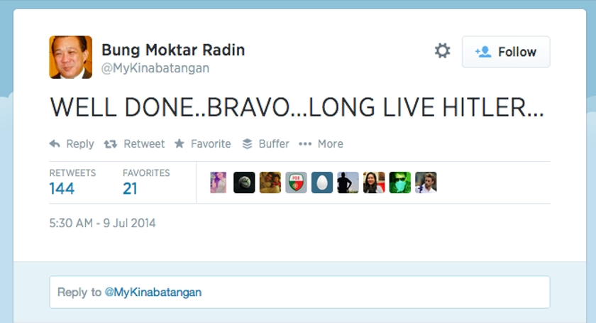 A screen capture of Datuk Bung Moktar Radin's twitter page showing his tweet after Germany trashed Brazil 7-1 in the World Cup 2014 semi-final.