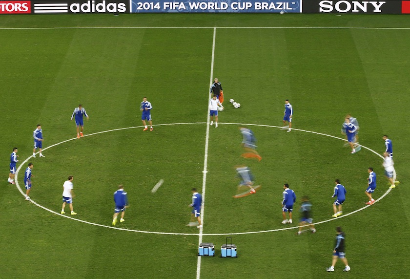 Argentina's national team players warm up during a training session at the arena di Corinthians stadium in Sao Paulo July 9, 2014, ahead of their 2014 World Cup semi-final match against Netherlands. u00e2u20acu201d Reuters pic