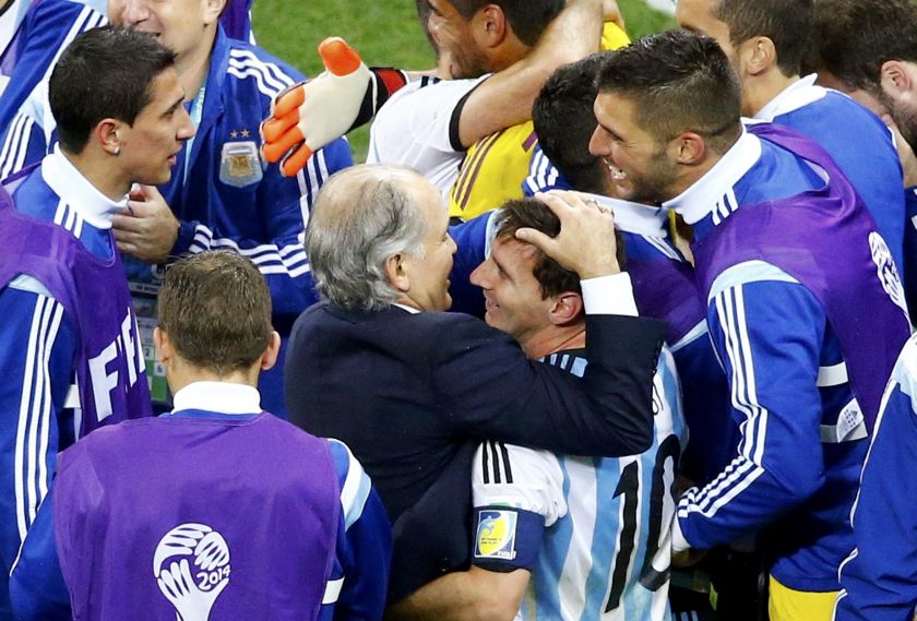 Argentina's coach Alejandro Sabella hugs Lionel Messi after winning the 2014 World Cup semi-finals between Argentina and the Netherlands at the Corinthians arena in Sao Paulo July 10, 2014. u00e2u20acu201d Reuters pic 