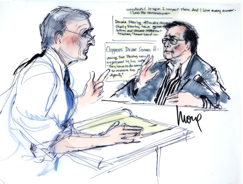Bert Fields, Shelly Sterling's lawyer, questions husband, Los Angeles Clippers co-owner Donald Sterling, in court, as seen in this courtroom sketch in Los Angeles, California July 8, 2014. u00e2u20acu201du00c2u00a0Reuters pic
