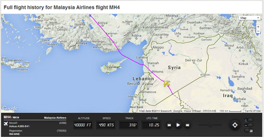 FlightRadar 24's flight tracking data shows Malaysia Airlines flight MH4 flying over Syria. u00e2u20acu201d Picture by FlightRadar24