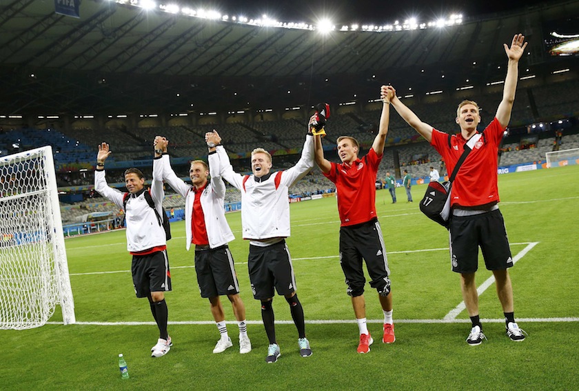 (From left) Germany's Roman Weidenfeller, Shkodran Mustafi, Andre Schuerrle , Kevin Grosskreutz and Per Mertesacker celebrate after their 2014 World Cup semi-finals against Brazil at the Mineirao stadium in Belo Horizonte July 9, 2014.u00c2u00a0u00e2u20acu201du00c2u00a0Reuters pic