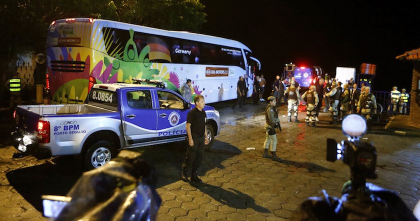 Escorted by the Brazilian military police, the bus carrying the German national team arrives in the town of Santa Cruz Cabralia, north of Porto Seguro early July 9, 2014.  u00e2u20acu201du00c2u00a0Reuters pic