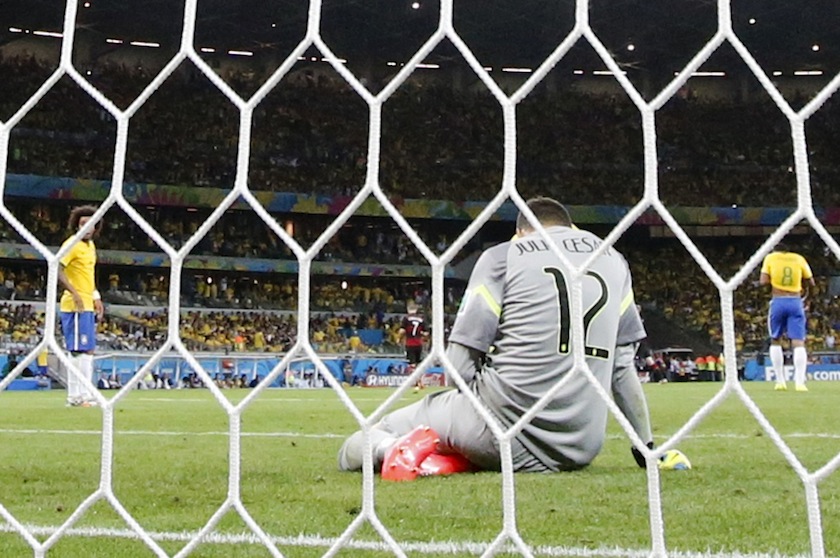 Brazil's goalkeeper Julio Cesar reacts after conceding a sixth goal to Germany during their 2014 World Cup semi-finals at the Mineirao stadium in Belo Horizonte July 9, 2014. u00e2u20acu201d Reuters pic