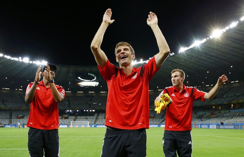 Germany's national players (from left) Jerome Boateng, Thomas Mueller and Kevin Grosskreutz celebrate after their 2014 World Cup semi-finals against Brazil at the Mineirao stadium in Belo Horizonte July 9, 2014.u00c2u00a0u00e2u20acu201d Reuters pic