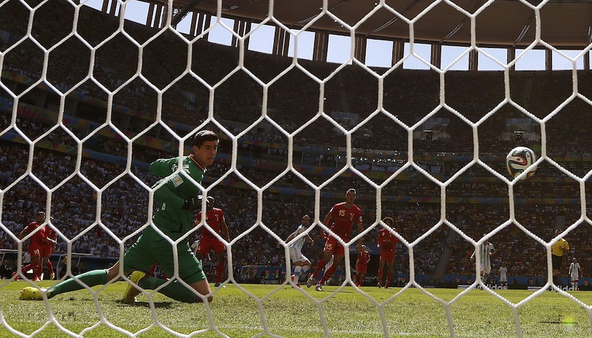 Argentina's Gonzalo Higuain (not pictured) scores a goal past  Belgium's goalkeeper Thibaut Courtois during their 2014 World Cup quarter-final match at the Brasilia national stadium in Brasilia July 6, 2014.u00c2u00a0u00e2u20acu201d Reuters pic