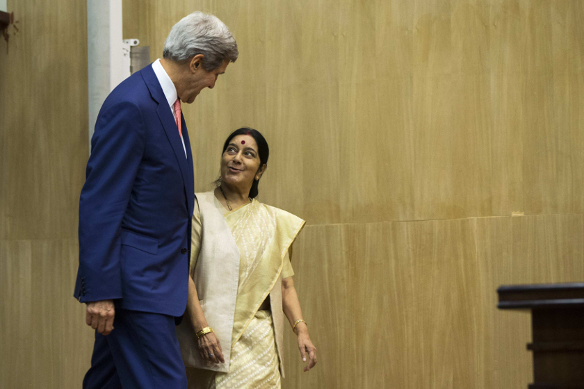 US Secretary of State John Kerry arrives to speak with the media following a meeting with Indian External Affairs minister Sushma Swaraj (right) in New Delhi July 31, 2014. u00e2u20acu201d Reuters pic