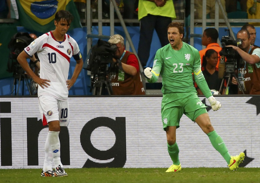 Goalkeeper Tim Krul (right) of the Netherlands celebrates saving a shot by Costa Rica's Bryan Ruiz during a penalty shootout in their 2014 World Cup quarter-finals at the Fonte Nova arena in Salvador July 6, 2014.u00c2u00a0u00e2u20acu201d Reuters pic
