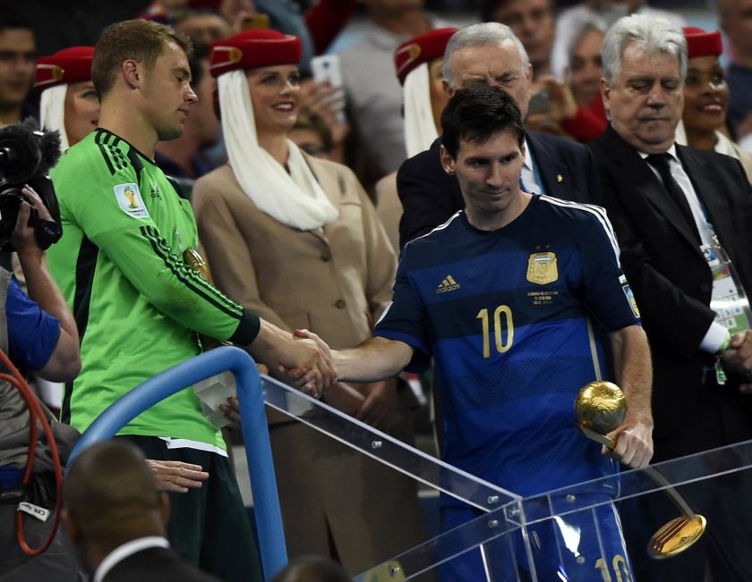 Golden Glove winner Germany's goalkeeper Manuel Neuer (left) congratulates Golden Ball winner Argentina's Lionel Messi (10) after their 2014 World Cup final at the Maracana stadium in Rio de Janeiro July 14, 2014. u00e2u20acu201d Reuters pic
