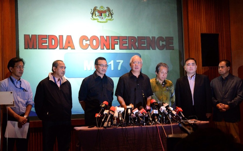 Prime Minister Datuk Seri  Najib Razak and his ministers addressing reporters at the Sama-Sama Hotel near Kuala Lumpur International Airport in Sepang July 18, 2014. u00e2u20acu201d Picture by Choo Choi May